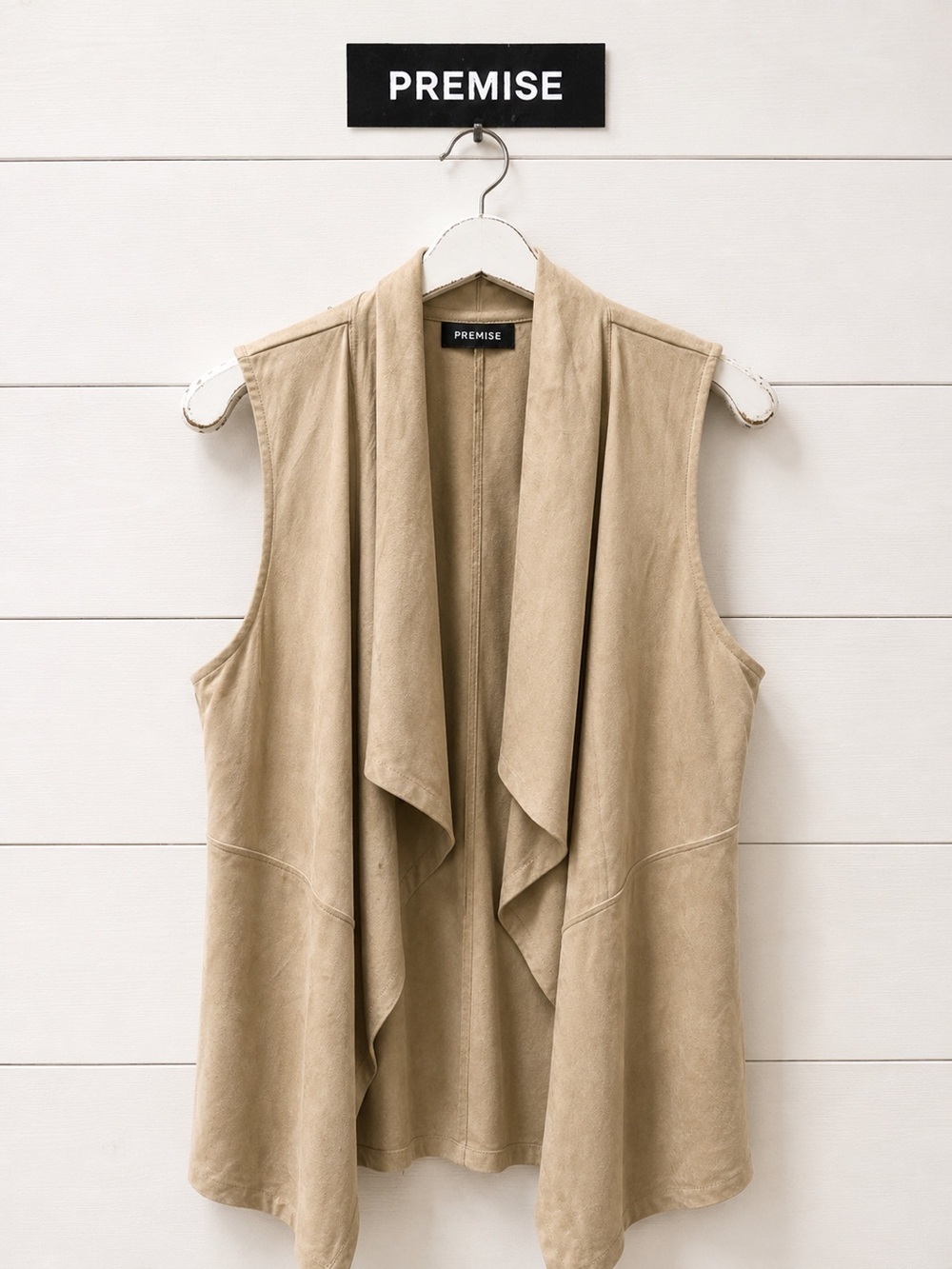 PREMISE beige faux leather sleeveless open front cardigan size S